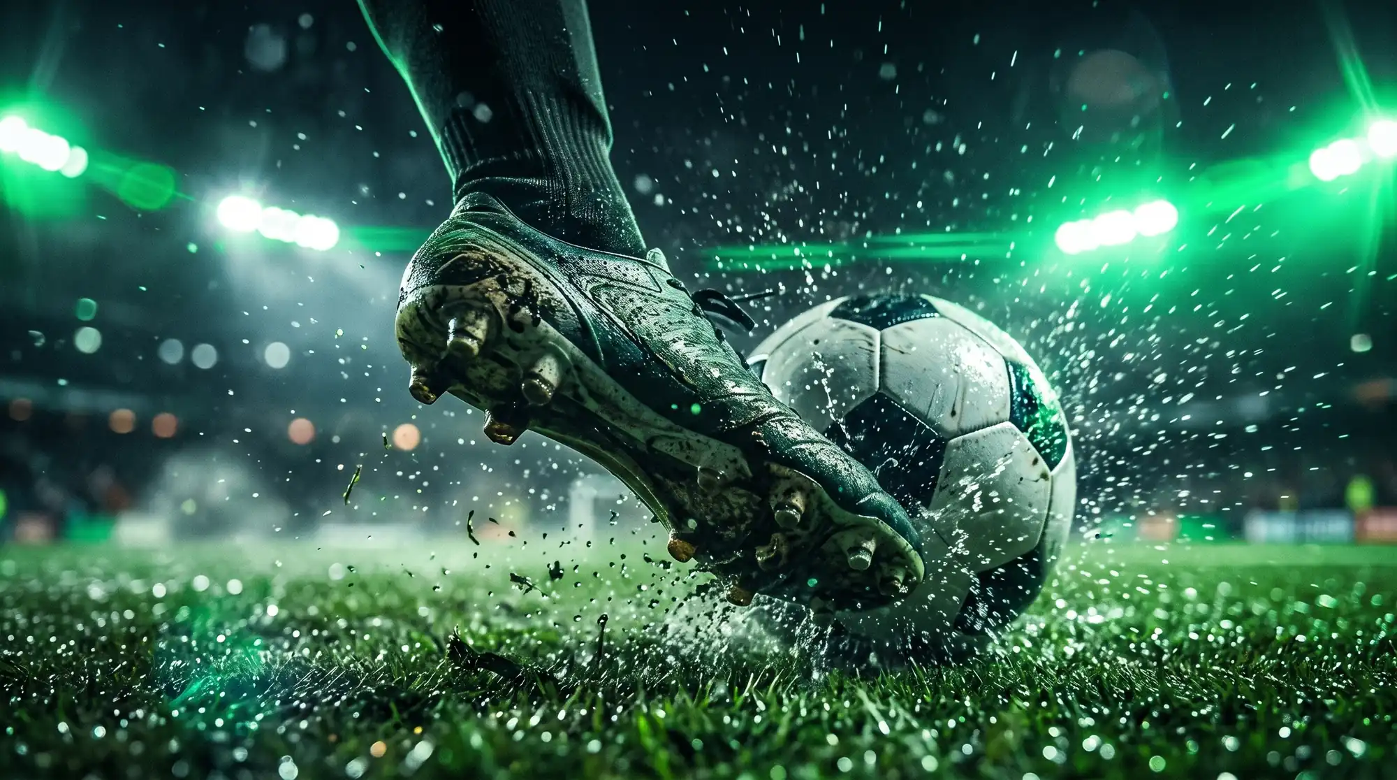 Bota de fútbol golpeando el balón sobre el césped mojado, con salpicaduras de agua