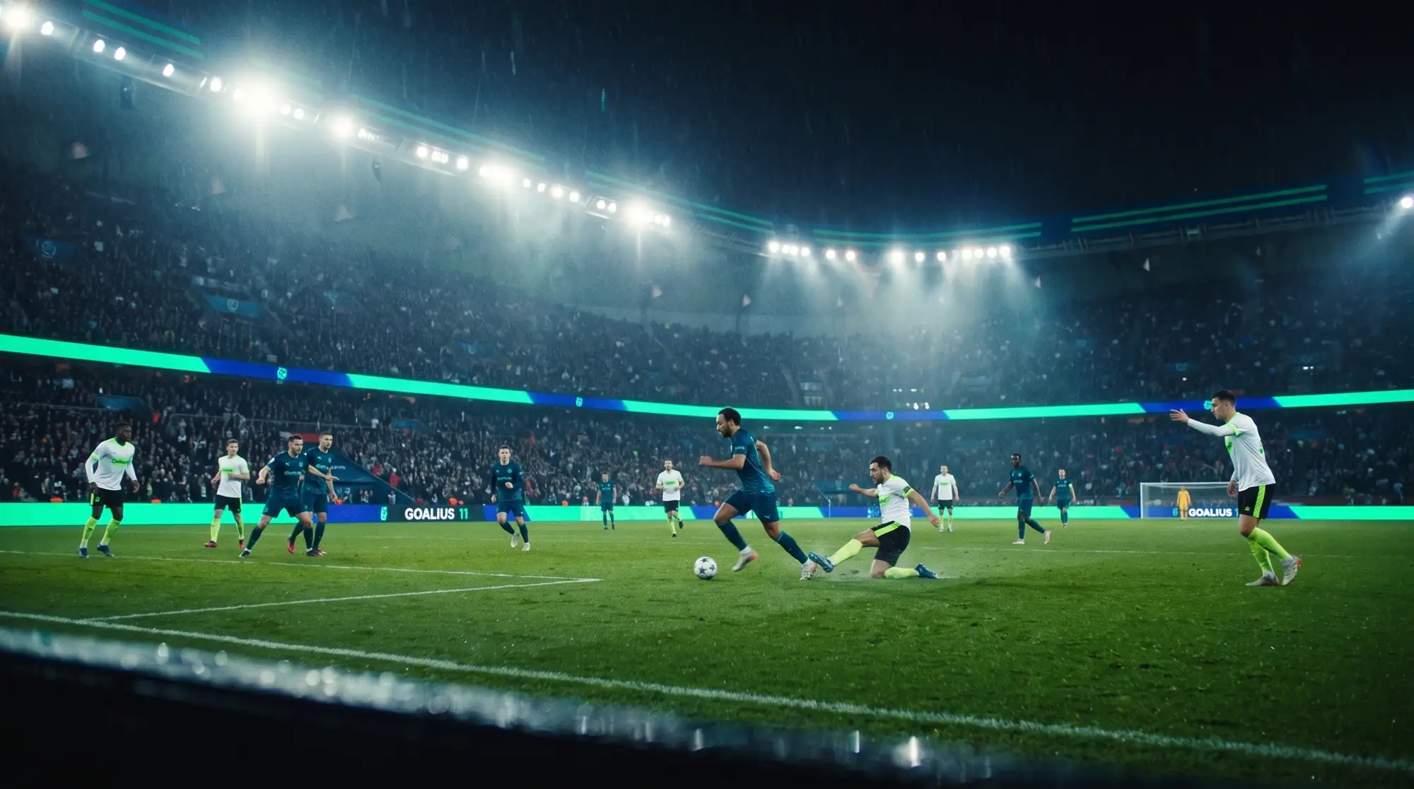 Jugadores disputando un balón bajo los focos de un estadio lleno en una noche de lluvia