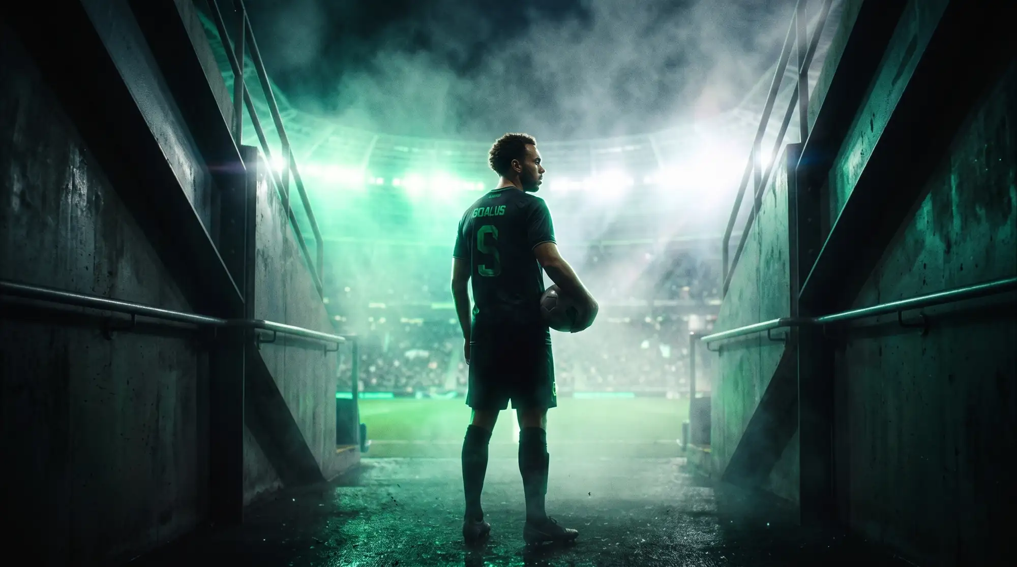 Jugador de espaldas con el balón bajo el brazo en el túnel de un estadio, a punto de salir al campo