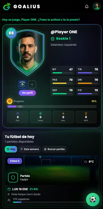 Pantalla de inicio de la app de Goalius: tu carta de jugador, partidos del día y campos cercanos